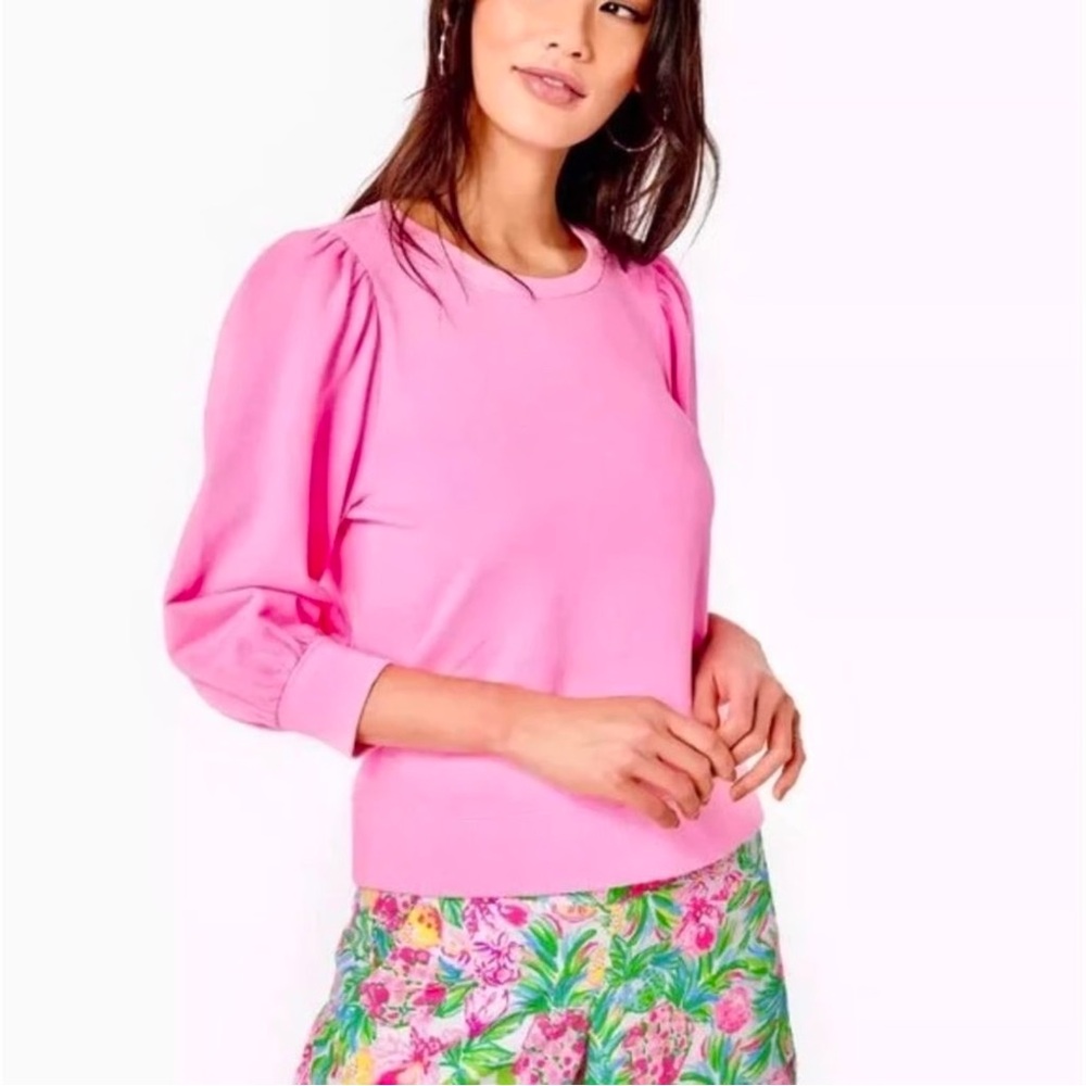 Lilly Pulitzer Corden Sweatshirt 3/4 Puff Sleeve Pullover Top Large Hot Pink L